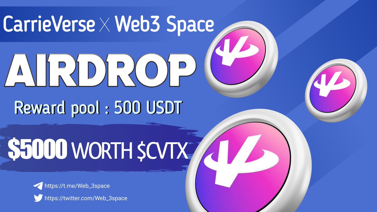 WEB3 Space (@web_3space) on Twitter photo 😉😉 Massive #fcfs #Airdrop
🤩🤩 Total Giveaway Pool - 5000$ Worth of $CVTX & 500 USDT
To Enter ⤵️
➡️ Follow <a href="/Web_3space/">WEB3 Space</a> & <a href="/CarrieVerse/">Carrieverse</a>
➡️ Like, RT & Tag 3 Friends
➡️ Finish Gleam : wn.nr/n6588s
24th Dec ⏰
#Web_3space #Airdrop #fcfs 😉😉 Massive #fcfs #Airdrop
🤩🤩 Total Giveaway Pool - 5000$ Worth of $CVTX & 500 USDT
To Enter ⤵️
➡️ Follow <a href="/Web_3space/">WEB3 Space</a> & <a href="/CarrieVerse/">Carrieverse</a>
➡️ Like, RT & Tag 3 Friends
➡️ Finish Gleam : wn.nr/n6588s
24th Dec ⏰
#Web_3space #Airdrop #fcfs