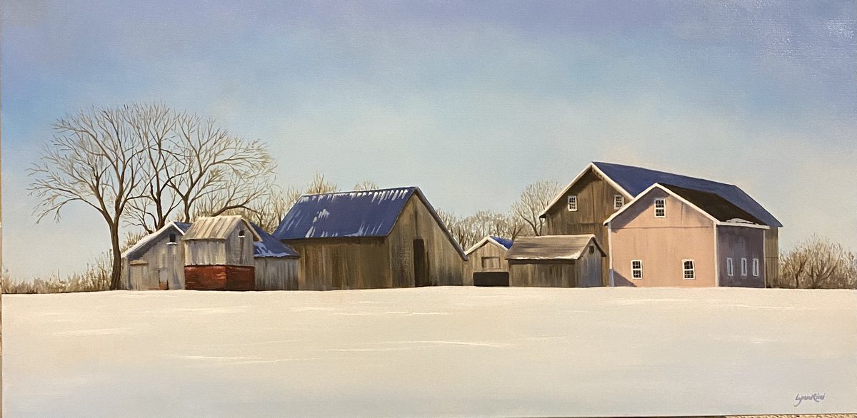 LynnRicci's tweet photo. Just finished this 18x36 #oilpainting last night. Gives a #peaceful vibe - perfect for the season! #HappyHolidays.     #art #fineart #artistsontwitter #ArtGallery #farm #NewEngland #winter https://t.co/OugHWrMtBZ