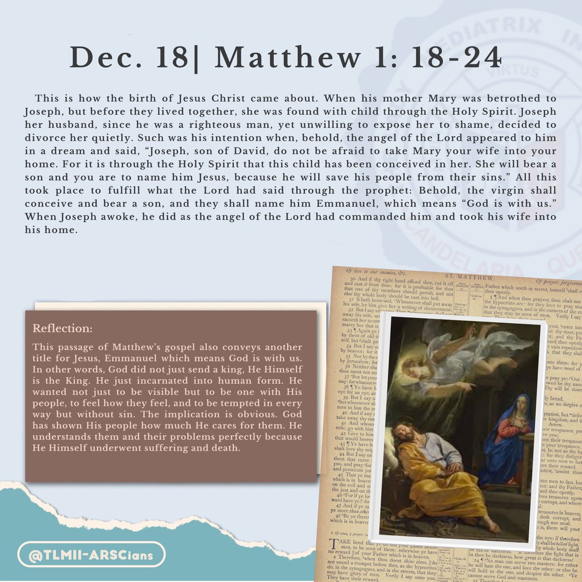 TLMII_ARSCians's tweet photo. Good evening ARSCians! Our Gospel for tomorrow, December 18, 2022, is Matthew 1: 18-24. 

Dios Bendiga! 💙

#DailyGospel
#TLMIIARSCians https://t.co/by5I39AHBn