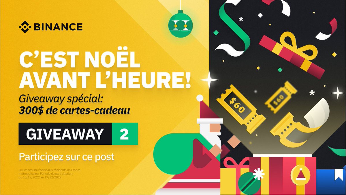 La saison des giveaway se prolonge 🎅🎁 #BinanceChristmas

⭐️ 6 cartes-cadeau de 50$ chacune à gagner ⭐️

🔸 Suivez <a href="/LeBinanceFR/">Binance France</a>
🔸 RT et likez ce post

Astuce : vous pouvez aussi nous rejoindre sur Insta (lien en bio) pour doubler vos chances 😉

Bonne chance à tous 🤝