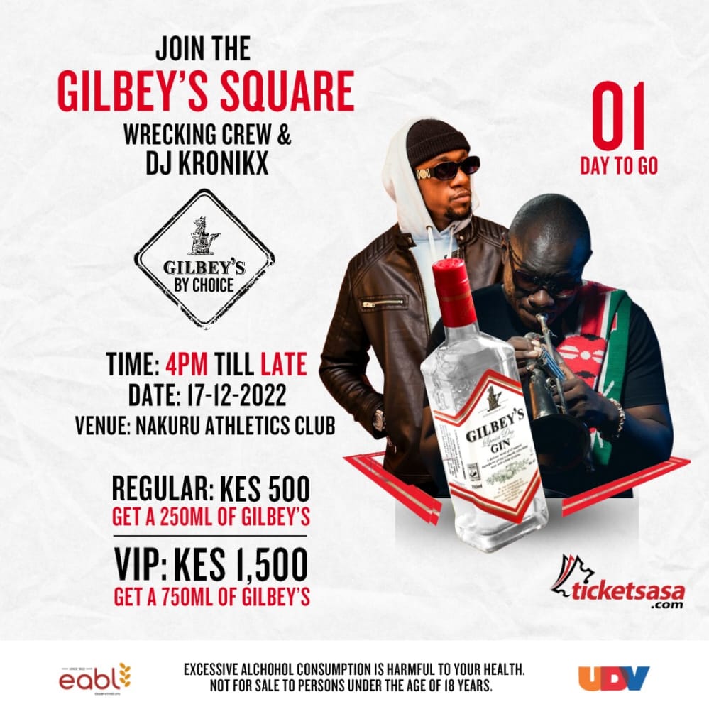 MercyRutto14's tweet photo. Uko na form Leo? Msikose!
The party of the year is coming to Nakuru  Athletics Club Today.Join us at the Gilbeys Square from 4pm till late and enjoy good vibes and music from @KHALIGRAPH  @GilbeysKe .Get your tickets from https://t.co/XDzls4idKG…
#OpenGoodTimes #GilbeysByChoice https://t.co/4UlllfeR81
