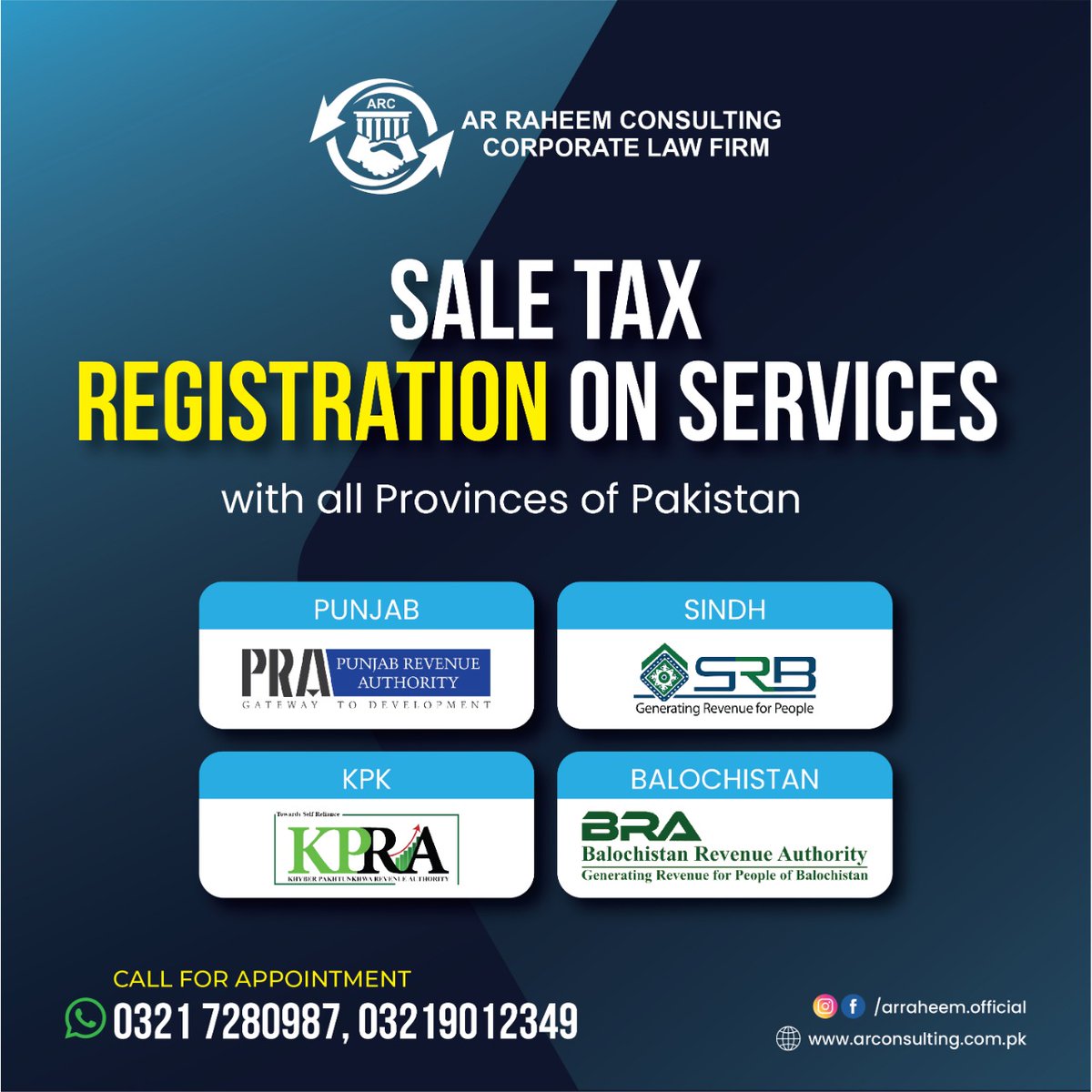 Sale Tax registration on services with all provinces of the Pakistan.
For Registration: 03217280987, 03077026707
#FBR #IncomeTaxReturn #comapnyregistraion  #TaxReturnFiling #TaxReturn2022 #FederalBoardofRevenue #ARC #AR_Raheem_Consulting #Pakistan #incometaxreturn2022