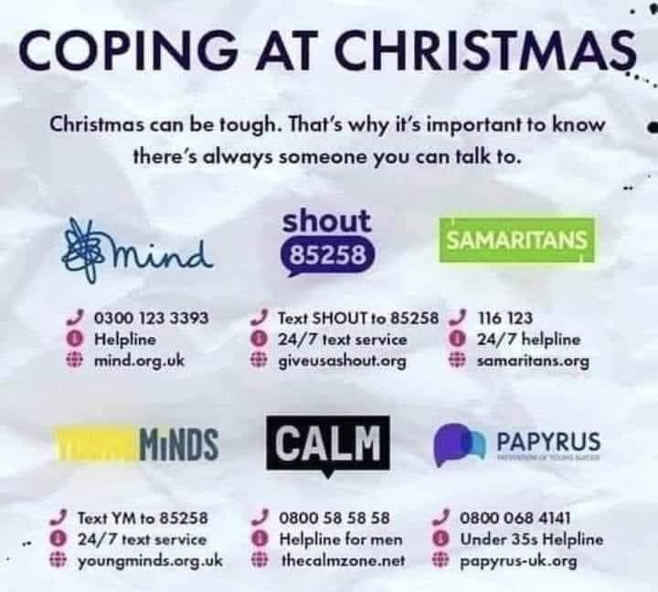The Festive Period can be very tough for people, here are some agencies that will be open for support and help! Don’t suffer in silence ❤️