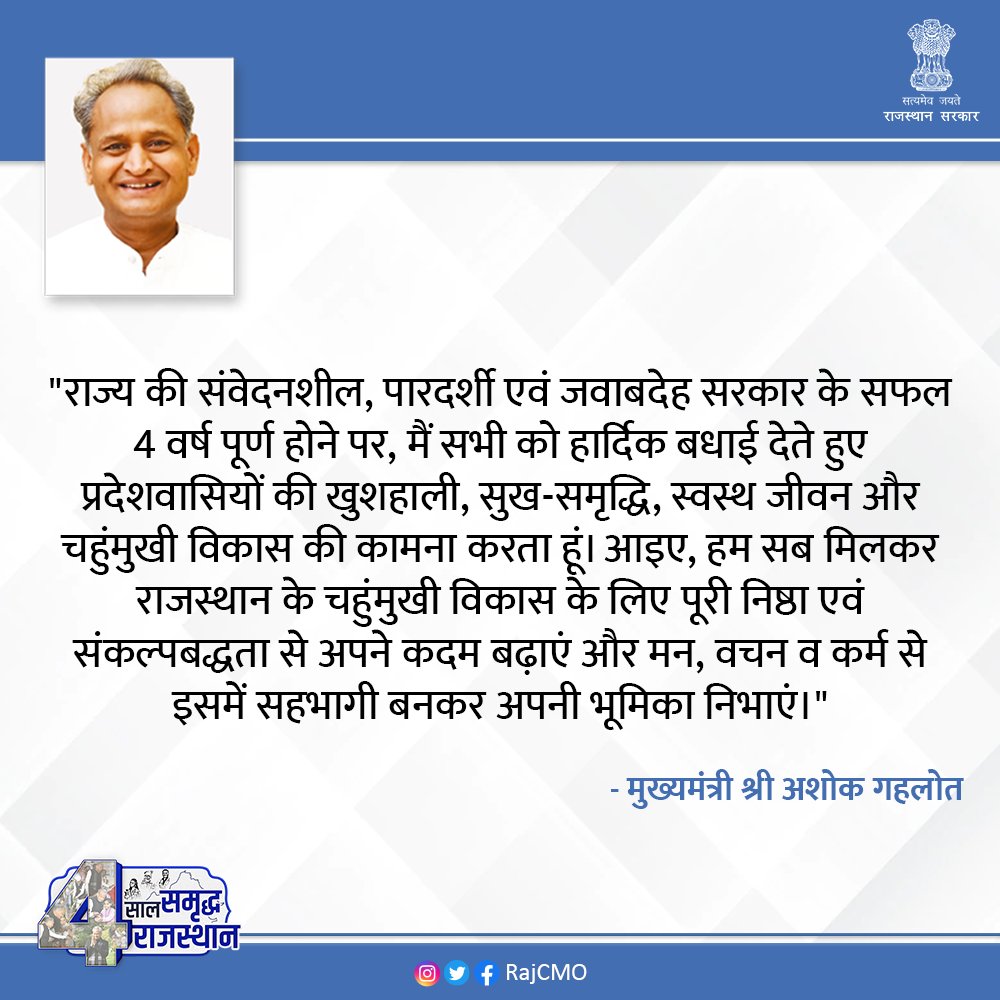 RajCMO's tweet image. राज्य की संवेदनशील, पारदर्शी एवं जवाबदेह सरकार के सफल 4 वर्ष पूर्ण होने पर सभी को हार्दिक बधाई : CM @ashokgehlot51 #4SaalBadhtaRajasthan