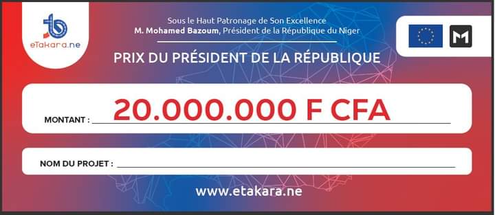 Le prix du Président de la République pour la meilleure Innovation de <a href="/eTakaraNiger/">eTakara Niger (Senior)</a> 2022 d'une valeur de 20 000 000 FCFA est attribué à Mamane Adamou Alassane porteur du projet #DRONE_GONA.
Félicitations au gagnant!

#Lauréat_ETakara_2022 #Prix_du_Président_de_la_République