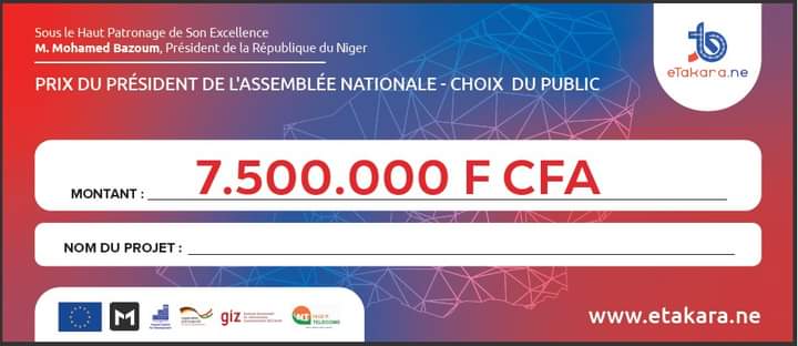 Le prix du Président de l'Assemblée Nationale - Choix du Public de E-TAKARA 2022 d'une valeur de 7 500 000 FCFA est attribué à Saleh Ahmed porteur du projet #Takardata_kusa vainqueur du vote SMS
Félicitations au gagnant
#Lauréat_ETakara_2022 #Prix_du_Président_Assemblée_Nationale