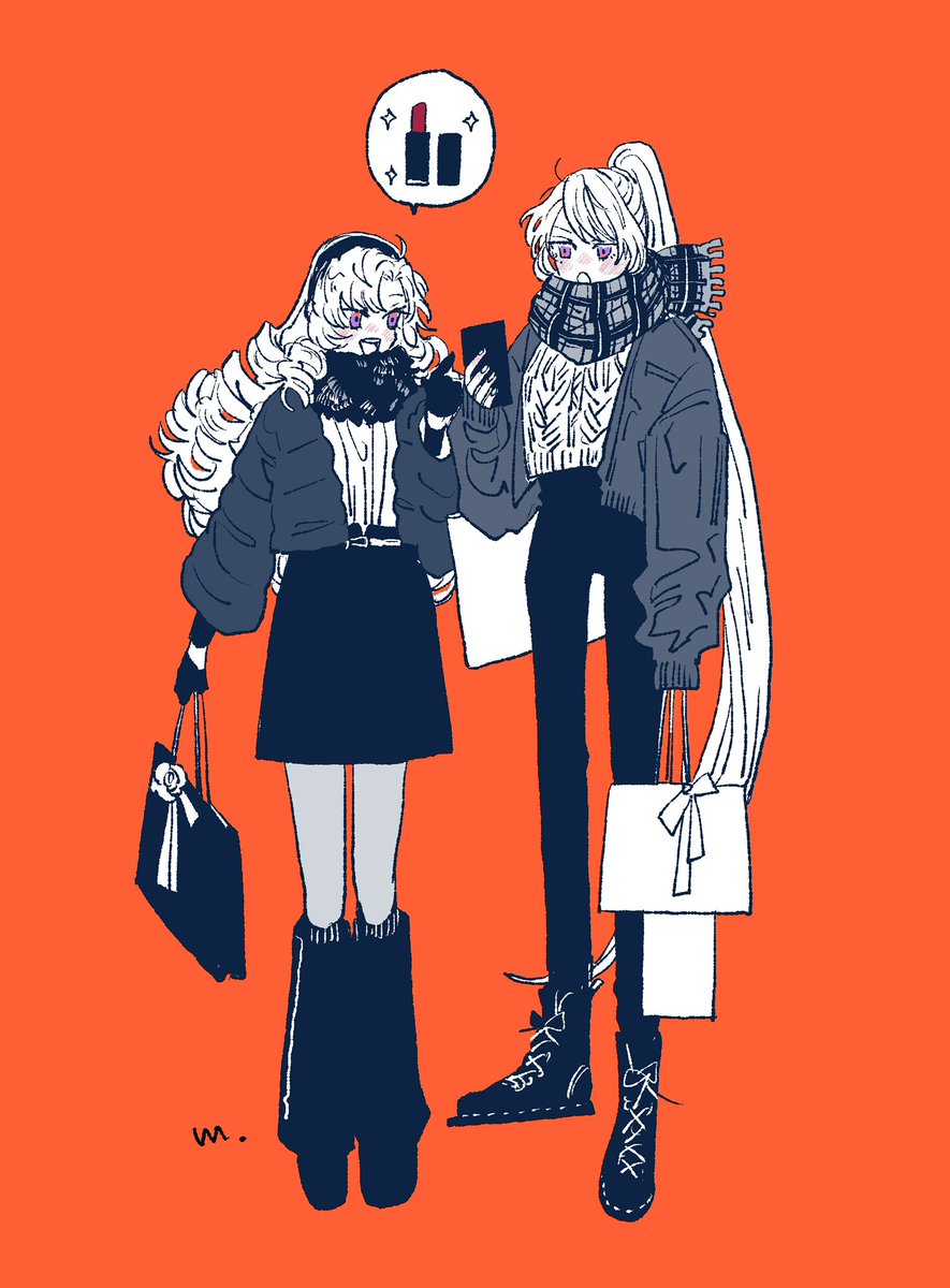 multiple girls 2girls scarf long hair bag holding phone  illustration images