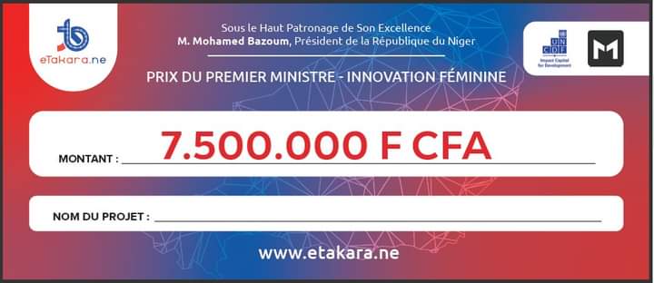 Le prix du Premier Ministre pour la meilleure Innovation Féminine de E-TAKARA 2022 d'une valeur de 7 500 000 est attribué à Mariama Abdoulaye Ide avec le projet #E_IIIMMA.
Félicitations à la gagnante!

#Lauréat_ETakara_2022 #Prix_du_Premier_Ministre