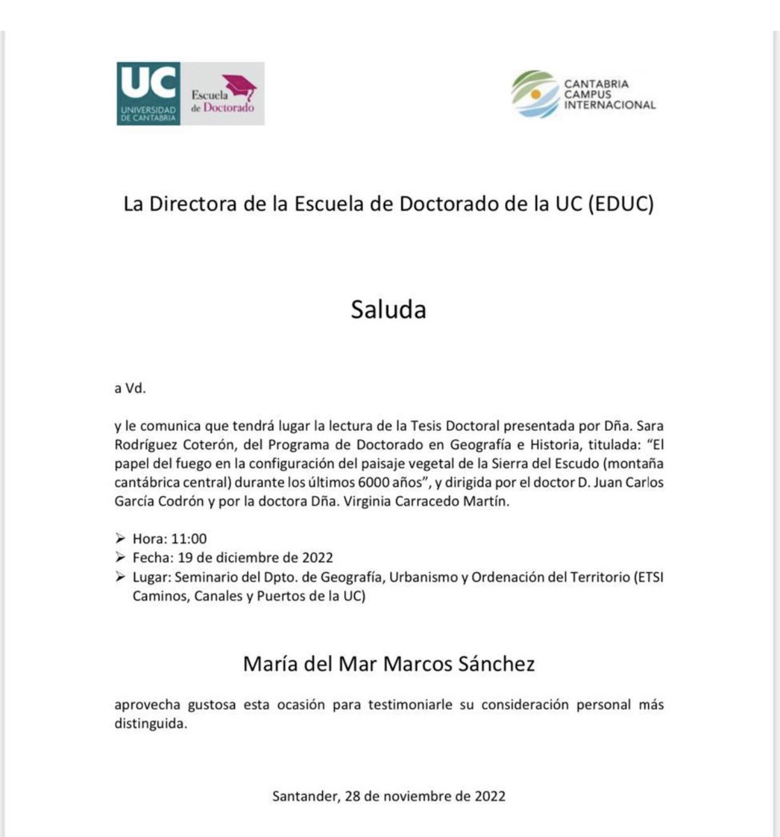 VirginiaCarrace's tweet photo. ¡¡Llegó el día!! @sararocote defiende su Tesis.

"El papel del fuego en la configuración del paisaje vegetal de la Sierra del Escudo (...) durante los últimos 6000 años"

El próximo lunes 19 de diciembre a las 11h en el DptoGeografía, Urb y OT de @unican 

¡Estáis invitados/as!! https://t.co/UyZjuzmY72