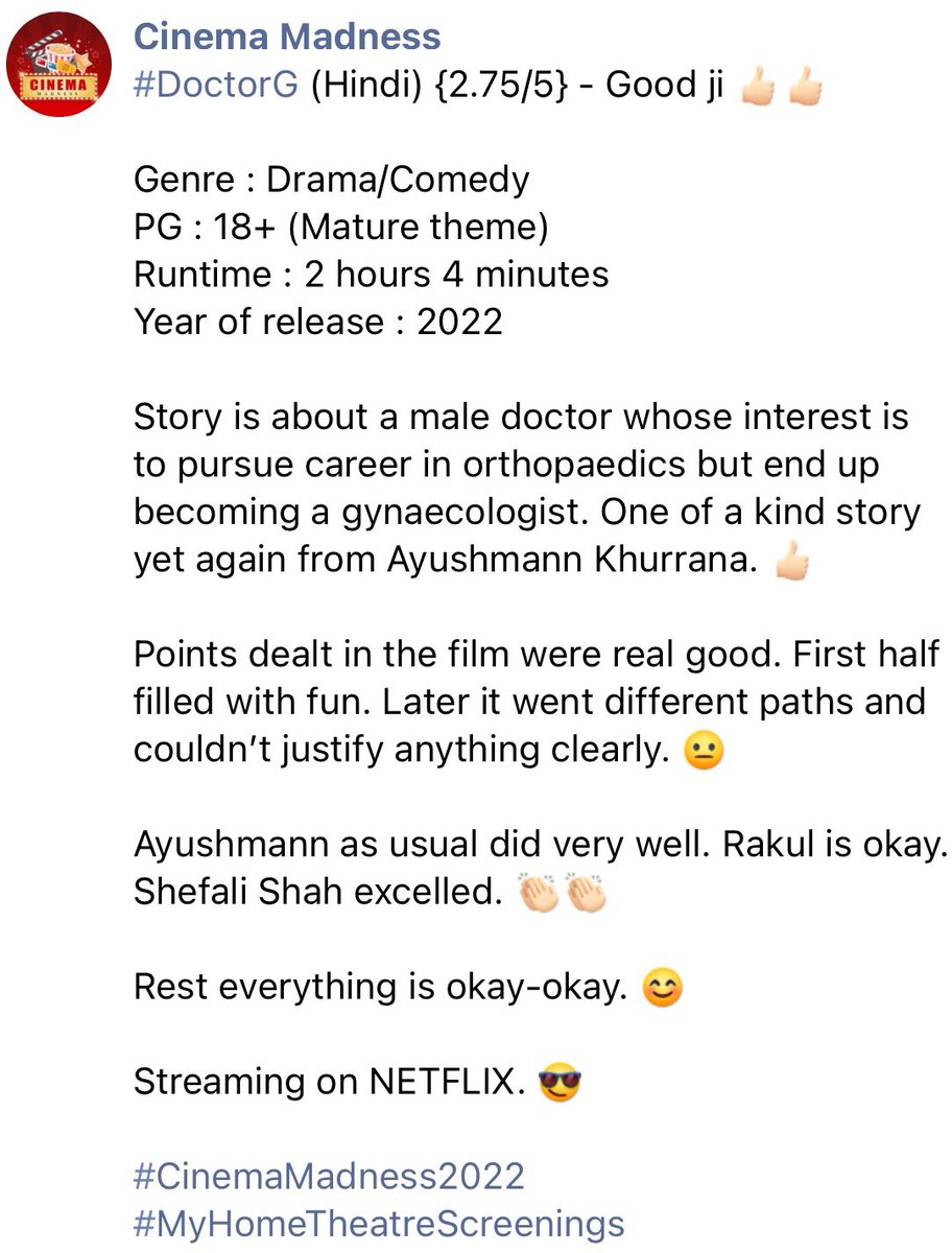 CinemaMadness24's tweet photo. 335. #DoctorG (Hindi) {2.75/5} 👍🏻
#DoctorGonNetflix #DoctorGReview
@NetflixIndia @Rakulpreet @ShefaliShah_ @ayushmannk https://t.co/WwgU3228lJ