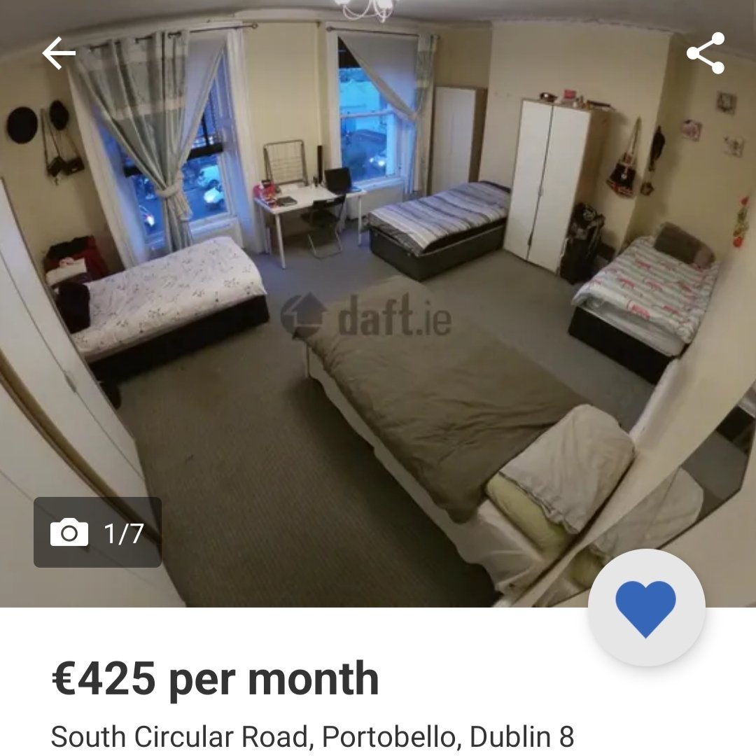 Lots of rounds of applause in the Dáil this morning for how wonderful the Government have done. Fair play to them.

Meanwhile, here's a bed to rent in a room with 3 others for €425/month plus €50/month bills. So €475/month to sleep beside strangers every night.

👏👏👏indeed.