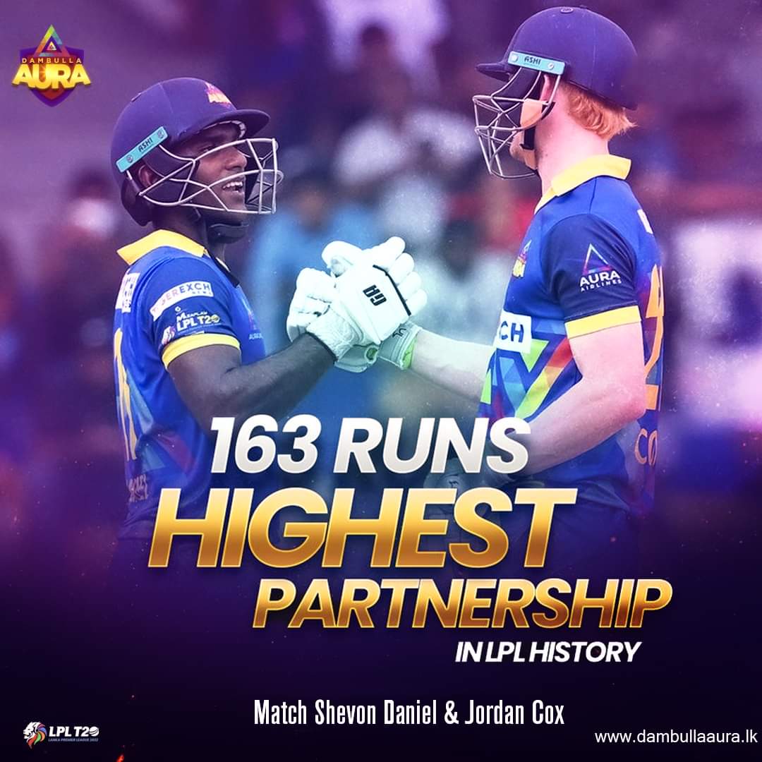 dambullalpl's tweet photo. ShevonDaniel and JordonCox beats the record for the best partnership for any wicket at the LPL by scoring 163 runs for the 1st wicket.The record was previously held by Pathum Nissanka and Andre Fletchers against the Colombo Stars this season
#dambullaaura #ShevonDaniel #JordonCox https://t.co/rzaUEuAToV