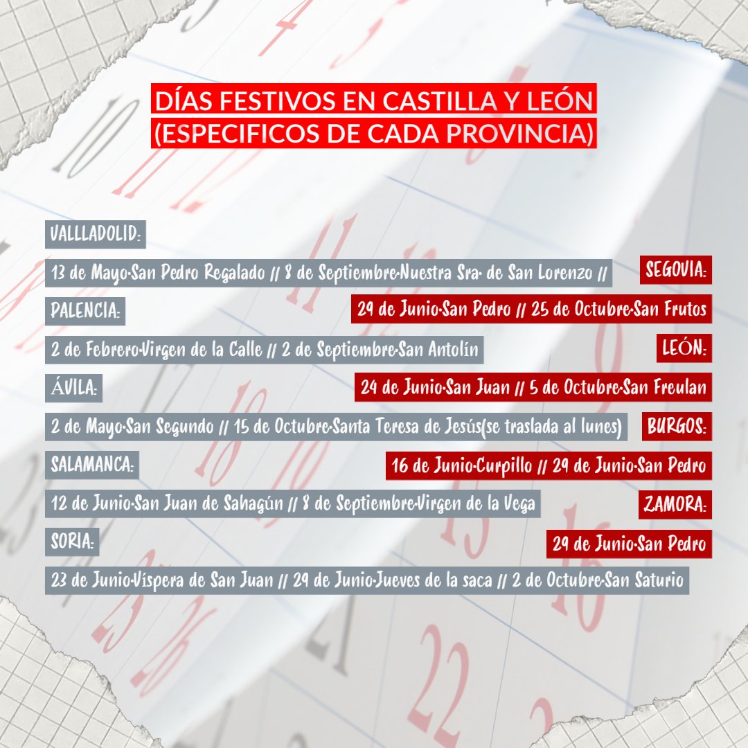 UGTCyL's tweet photo. 📢Quedan pocas semanas para el comienzo del nuevo año, por eso os traemos un resumen con los festivos del calendario laboral del próximo año a nivel Castilla y León y por provincias. 📆

#ugt #cyl #calendario #festivos #trabajo #españa https://t.co/qZ66lJorf8