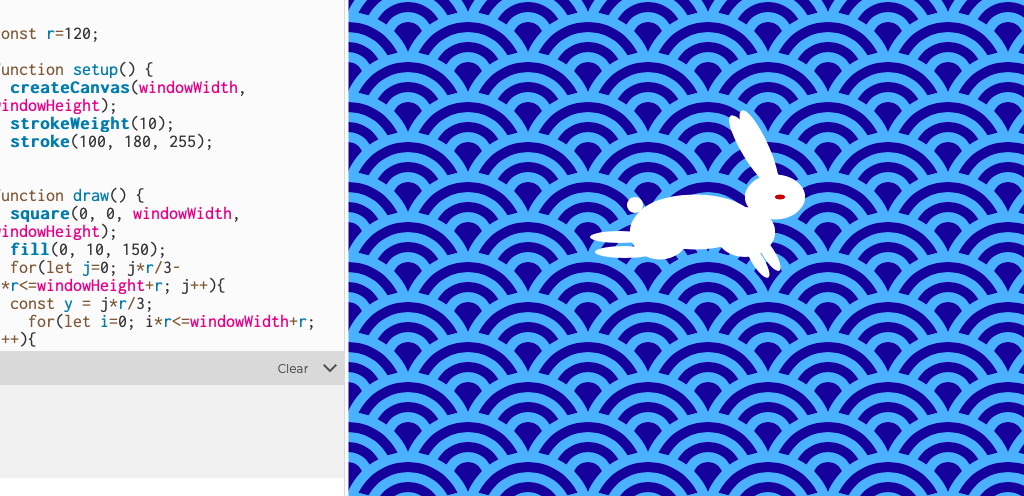 unserbrot's tweet image. designed New Year's card with Japanese pattern "rabbit over the waves" #p5js #yearOfRabbit #weeklyCoding