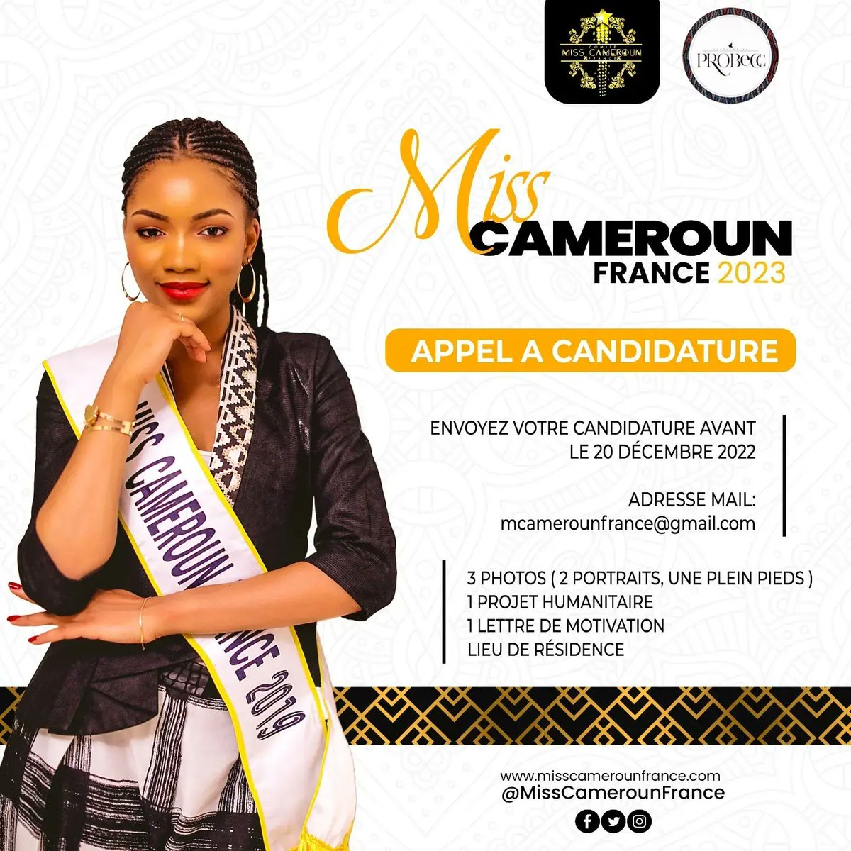 J-J-3 avant la fin des inscriptions à l'élection Miss Cameroun France 2023🚨🚨🚨

Qui n'a pas encore envoyé sa candidature à  👉🏾💌 mcamerounfrance@gmail.com 🧐?

#Électiondemiss #Saisistachance #Misscameroufrance2023 #Aquiletour