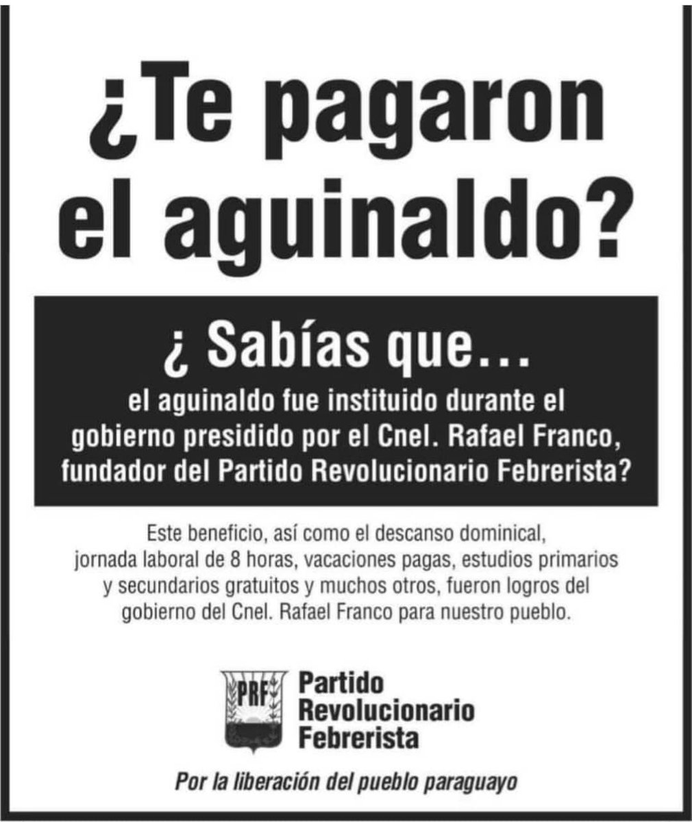 Recordamos que en nuestro país las 8hs laborales, el aguinaldo, las vacaciones pagas y el descanso dominical fueron establecidos en el Gobierno del Cnel. Rafael Franco.

#Febreristas