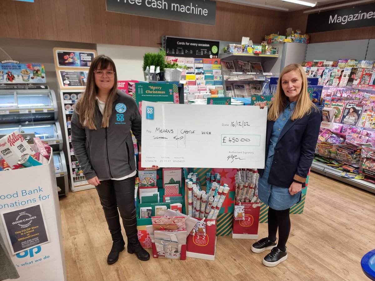 A great morning presenting this £450 cheque to Mearns Castle High School for their new Well-being breakfast mornings for younger students in the school! 📚 So happy to be supporting positive mental health for young people in the community 💙<a href="/coopuk/">Co-op</a> @fionaherriot <a href="/Poody1976/">David McDougall</a>