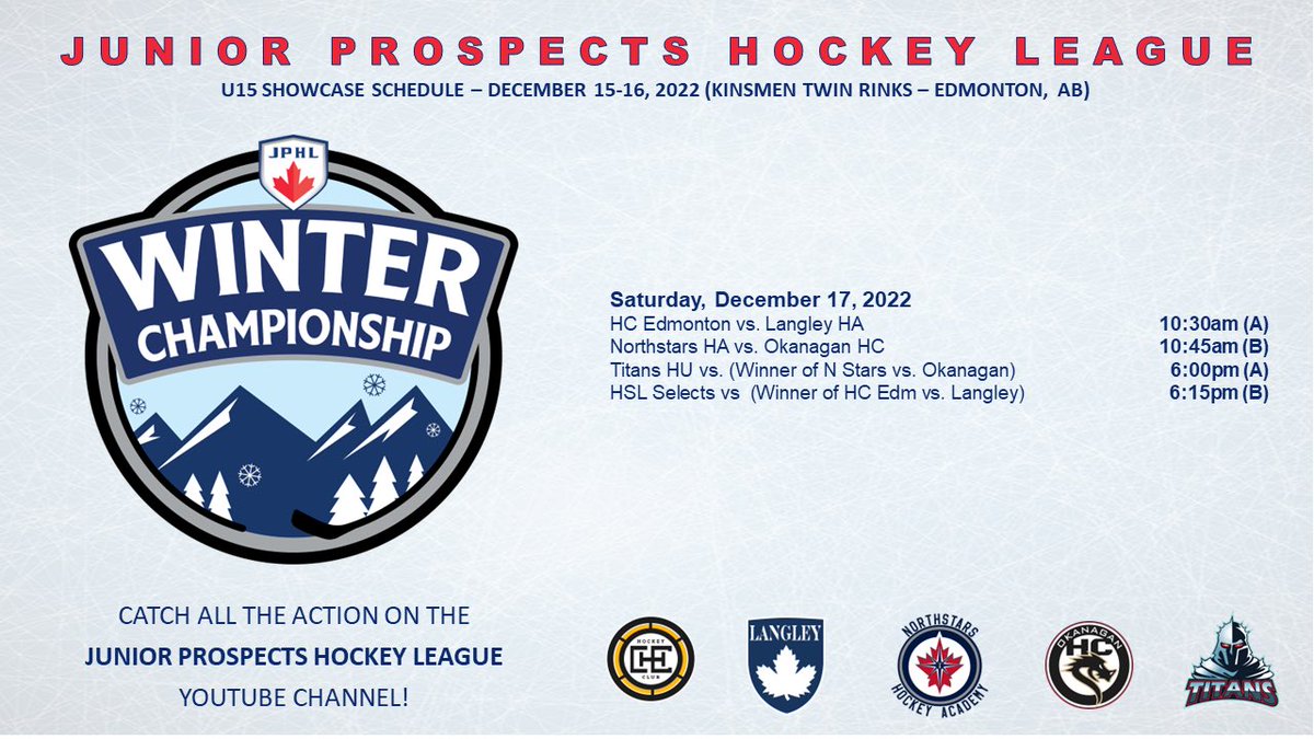 JrProspectsHL's tweet photo. Semi-Final Saturday’s are one of our faves! 

Going to be a packed day of JPHL action in #YEG (Kinsmen Twin Arenas) - both updated U15 and U18 schedules posted…

#WinterIsForTheTaking #WinterChampionship #OurModel #YourChoice https://t.co/pmPIscBCAk