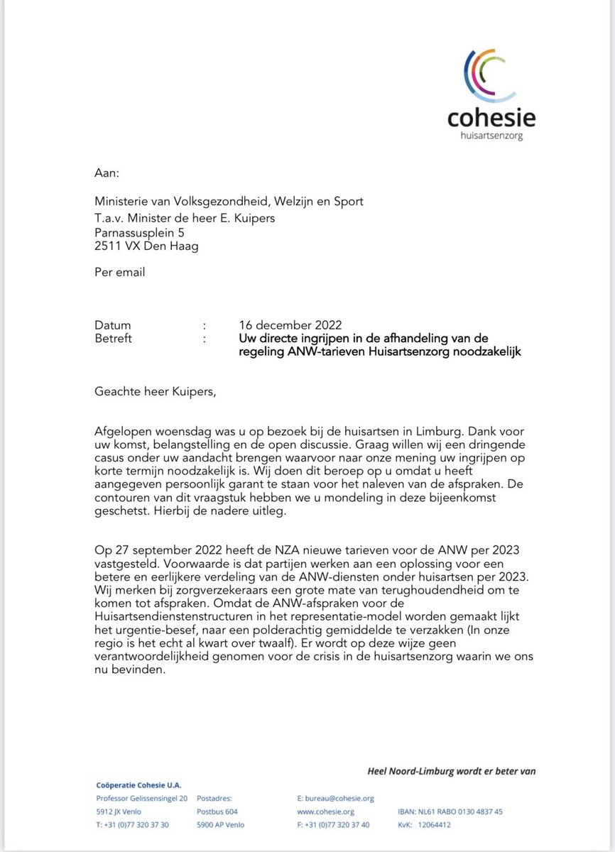 AendekerkR's tweet photo. ANW-tarieven huisartsenzorg per 2023. Minister Kuipers heeft beloofd in te grijpen als afspraken niet worden nagekomen. Vandaag een urgente oproep gedaan om in te grijpen!! @ministerVWS @ZNnieuws @LHVhuisartsen @VPHuisartsen @hdhv2022 https://t.co/v9ToelfFgl