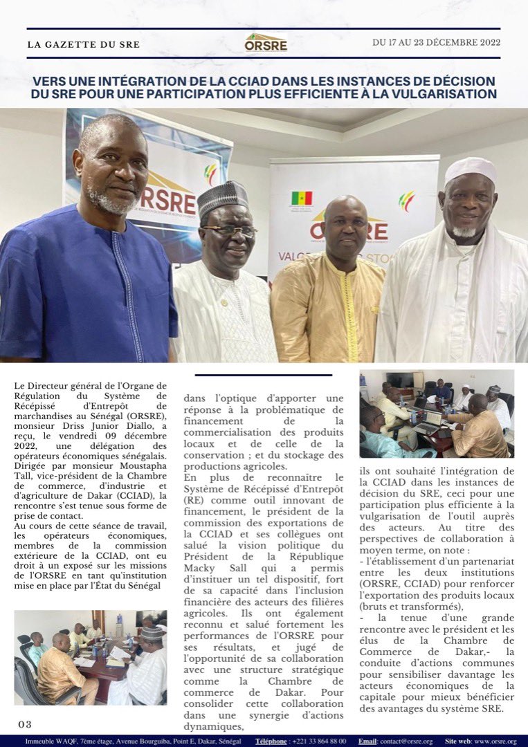 ORSRE_sn's tweet photo. 🔴#Gazette_SRE
Visite de travail de la chambre de commerce, d’industrie et d’agriculture de Dakar qui souhaite intégrer les instances de décision du SRE pour une participation plus efficiente à la vulgarisation de l'outil auprès des acteurs
#CCIAD #ORSRE #SRE #MCCPME #DJD #AKF https://t.co/LjlIf9RVsK