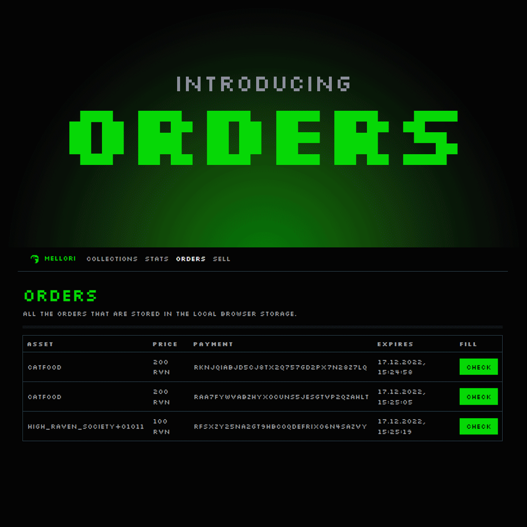 🟢📃Announcing the Order Page

Never close a tab and lose your order again. Browse for new assets, while waiting for your payment to arrive. 

All orders are stored in the browser's Local Storage so no accounts are required.