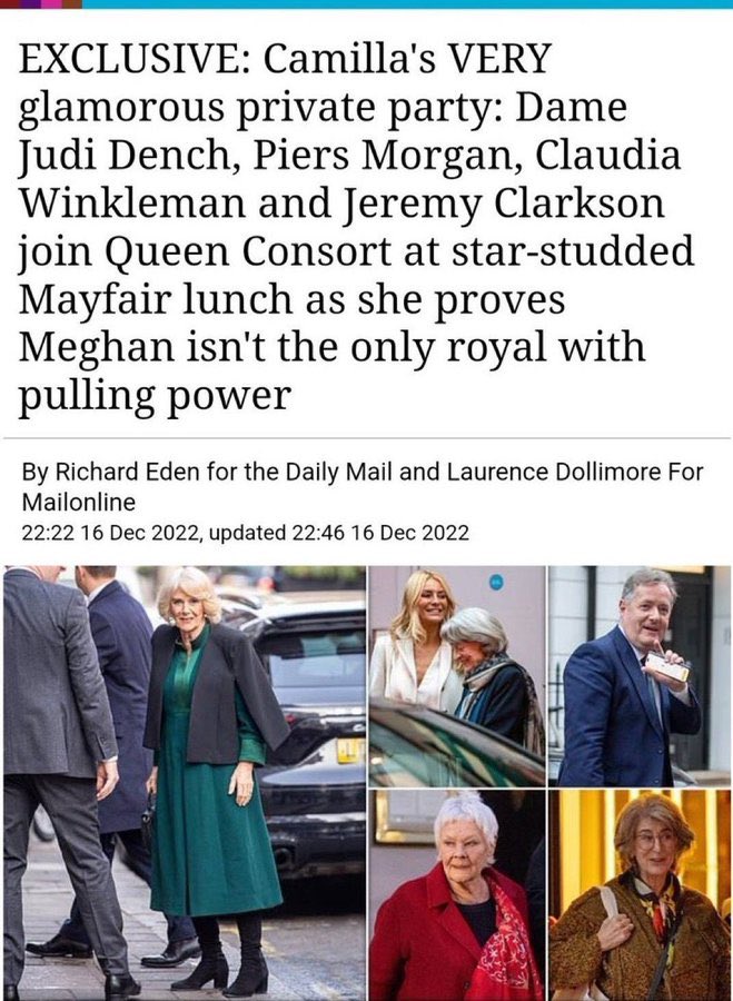 I judge people by their friends & remember #PrincessDiana.
It seems like some people never change. JeremyClarkson said  
#CamillaQueenofBullies
#JeremyClarkson”I hate her” wants people to shout “Shame” and throw lumps of excrement at her.
#16DaysOfActivism 
#HarryandMeghanNetflix