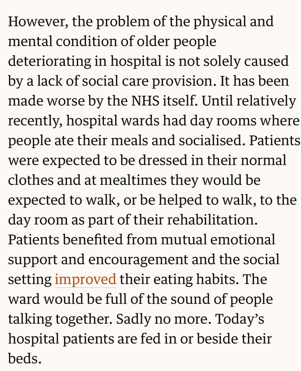 amp.theguardian.com/commentisfree/… - A great read. Let’s make this the NORM again: use day rooms for patients to eat meals and socialise, expect patients to be dressed in their own clothes and at mealtimes expect patients to walk, or be helped to walk, to the day room as part of their rehab