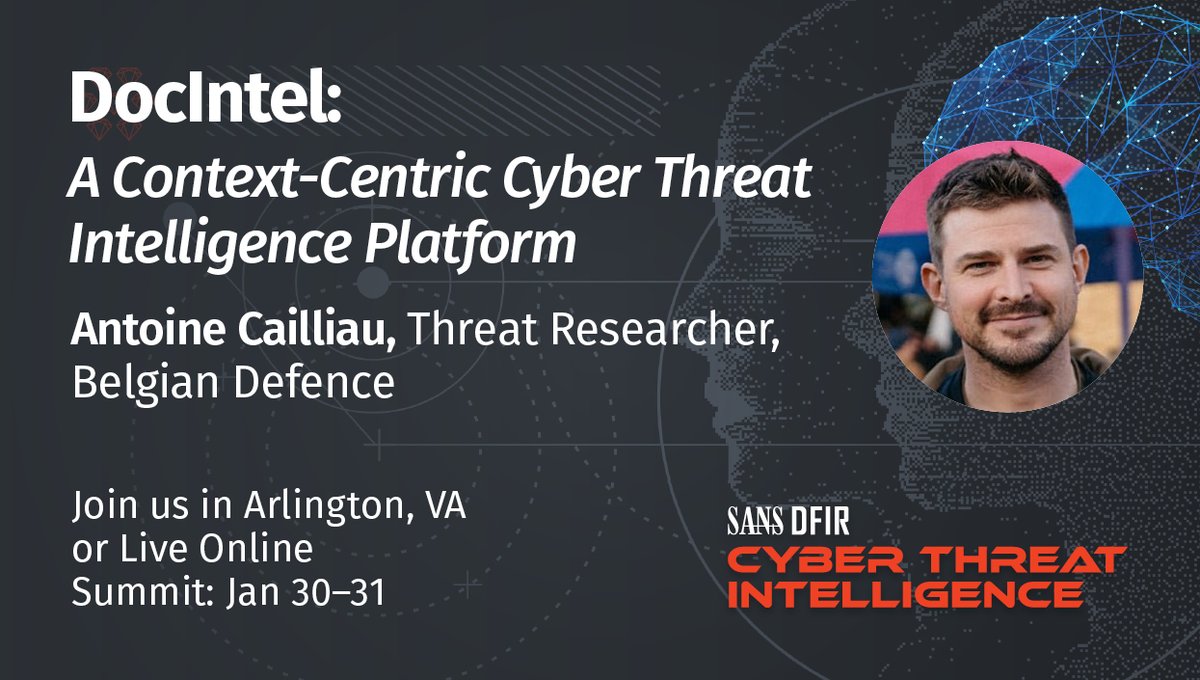 Don't miss this upcoming #CTISummit talk | Jan 30 - 31 🗓️

🎤  Featured Talk: Cyber Threat Intelligence Platform
👥  Antoine Cailliau, Threat Researcher, <a href="/BelgiumDefence/">Belgian Defence</a>

✍️ Register for the all-access Summit in Arlington, VA, or join us Live Online: sans.org/u/1n6n