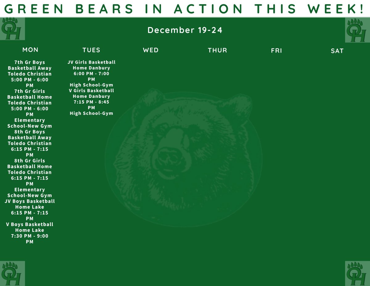 Let’s go Green Bears! Two days until a holiday break and our boys and girls are both at home. Hoops right here in the village, don’t miss out!!!!
 
jhhs.ohschools.org/athletics/cale…
 
<a href="/GreenBearSports/">OH Athletics</a> <a href="/hills_ottawa/">Ottawa Hills Girls’ Basketball</a> <a href="/HillsBarstool/">OTTAWA HILLS BARSTOOL</a> <a href="/ohschools/">Ottawa Hills Local Schools</a> <a href="/thegreenbearrr/">the big bear on campus</a> <a href="/AdamFineske/">Adam Fineske</a> <a href="/OHHSPrincipal/">Benjamin McMurray</a>