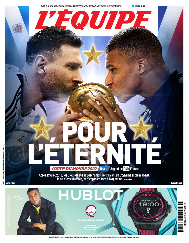 lequipe's tweet image. "Pour l'éternite", voici la une de L'Équipe du dimanche 18 décembre 2022

📰 ow.ly/pf7c50M68xc