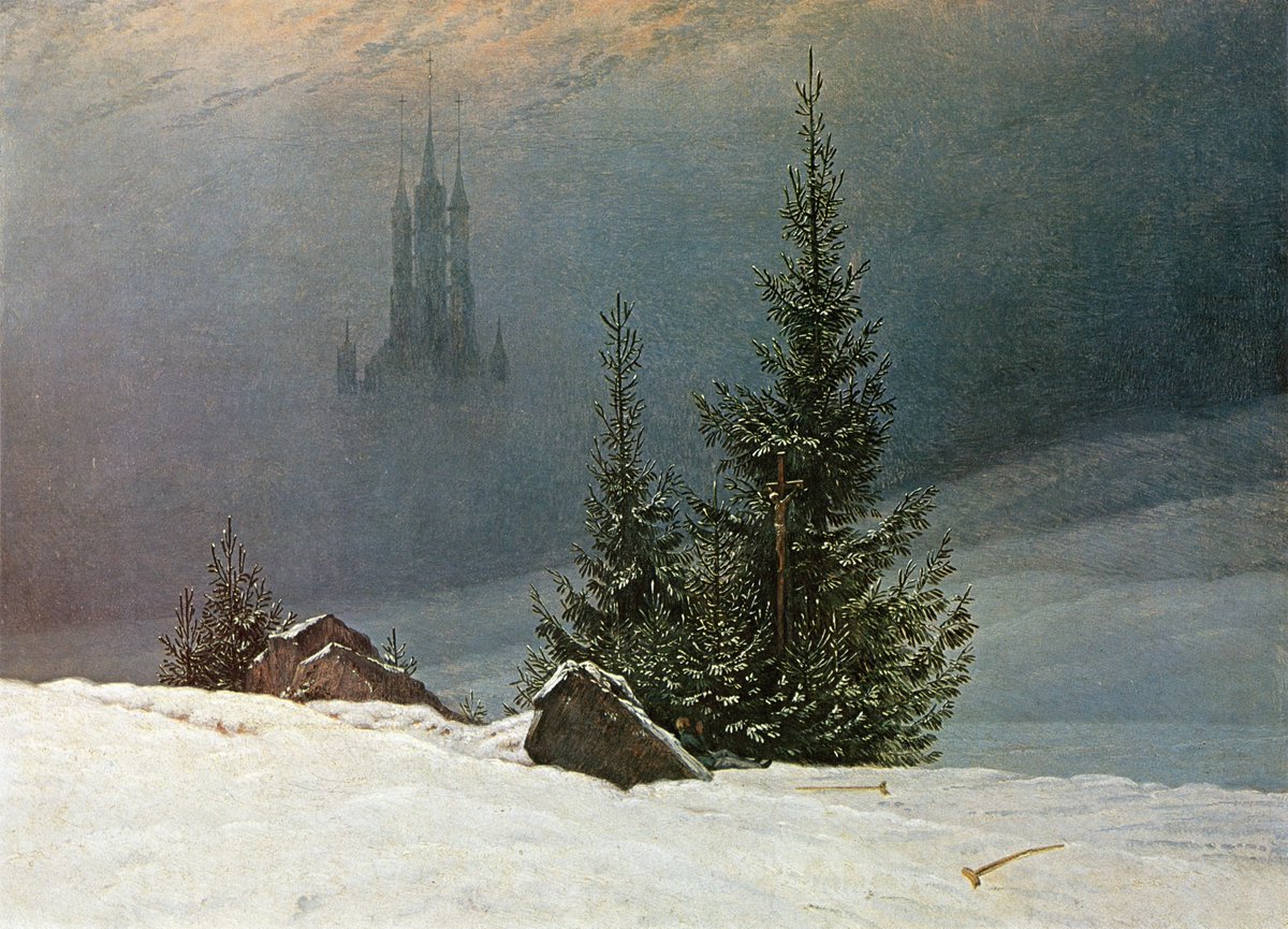 #GreatWinterPaintingsByOldMasters □Winter Landscape (1811) ☆CASPAR DAVID FRIEDRICH (1774-1840)▪︎At first glance, trees in a snowy landscape.. After a deep focus, we see a man fervently praying to God under the cross. He dropped his crutches nearby▪︎🏛<a href="/NationalGallery/">National Gallery</a>-LONDON