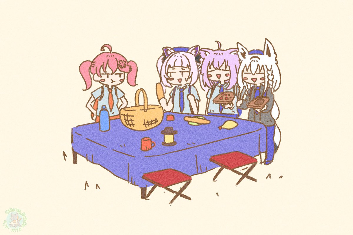 nekomata okayu ,shirakami fubuki multiple girls animal ears 4girls fox ears table pink hair ahoge  illustration images