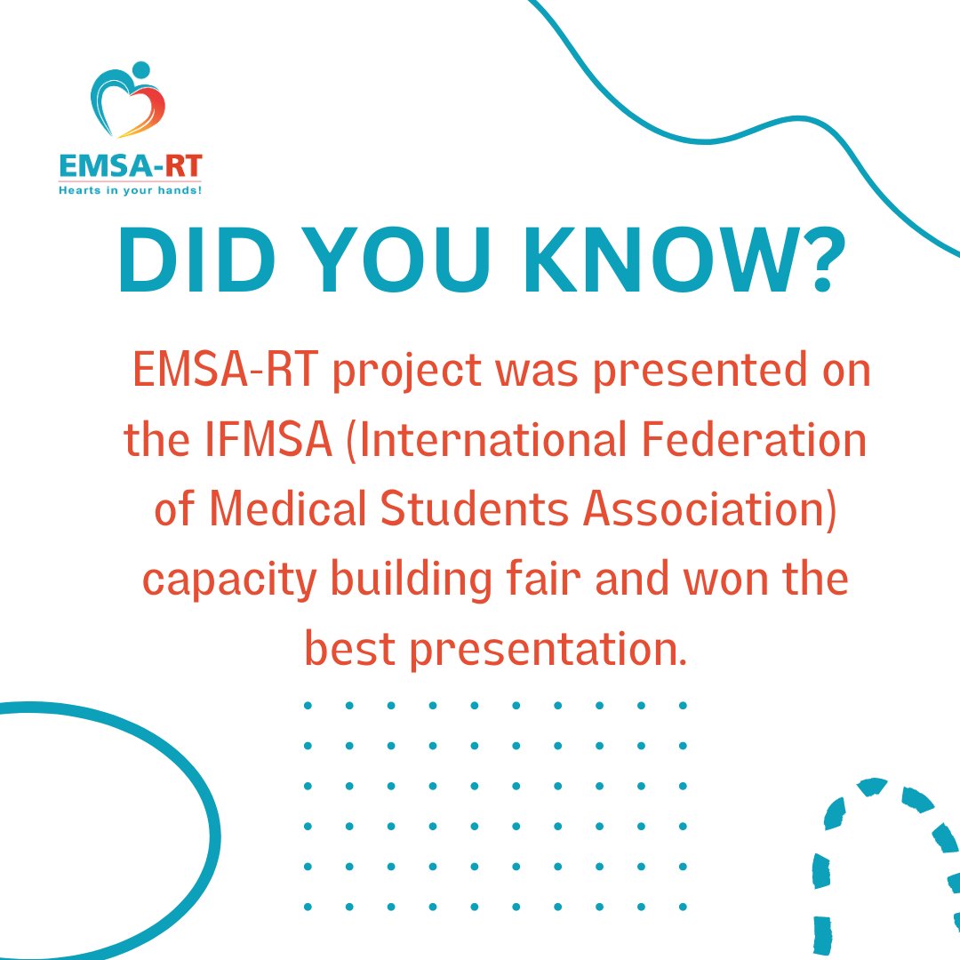 Some interesting facts about EMSA-RT.

EMSA-RT | Hearts in your hands!
➖➖➖➖➖➖➖➖➖➖➖➖
Telegram | Instagram | LinkedIn | Twitter | Facebook