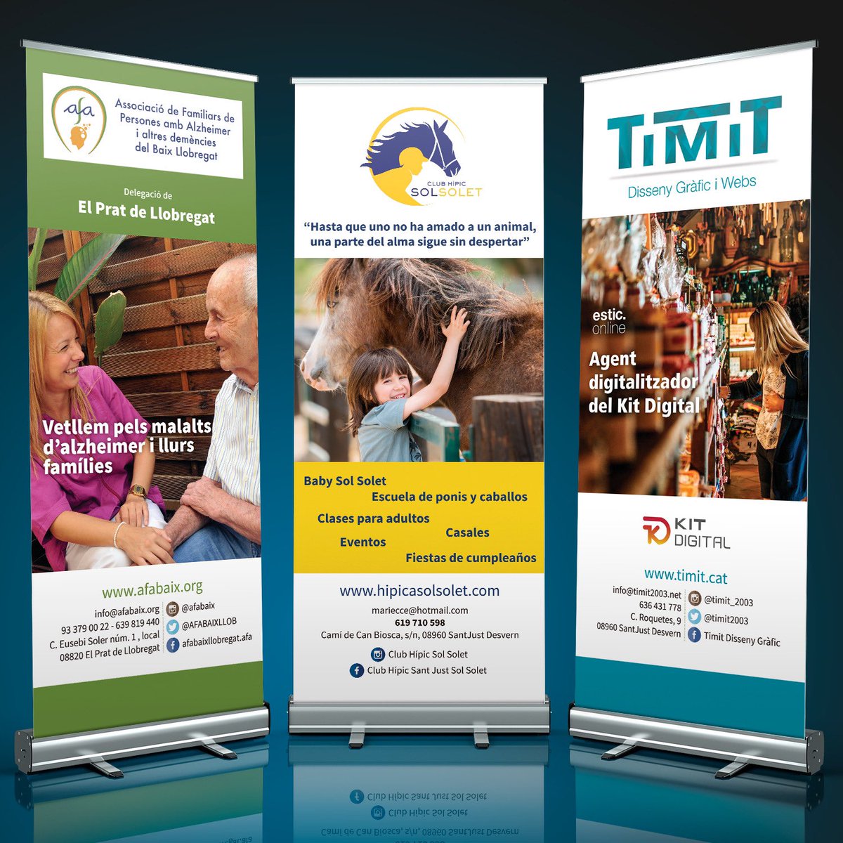 Disseny de nous RollUps. 
Tres diferents per l'AFABAIX Llobregat.
Un per l'Hípica Sol Solet i un altre per nosaltres que utilitzarem per al Mercat de Nadal - 2022 de Sant Just Desvern.