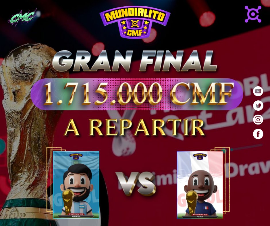 CryptoMakersof's tweet photo. ⚽️ La final del Mundialito CMF tiene acumulados 1.715.000 CMF que serán repartidos entre los que posean el NFT del equipo campeón.
Entra en 👉 https://t.co/SjUu33hv80 y Compra tu NFT del Mundialito CMF
#mundialitoCMF #NFT #cryptoworld  #FIFA22 #CMF
#mundial #qatar #Cryptomakers https://t.co/lSVYuXcbzC