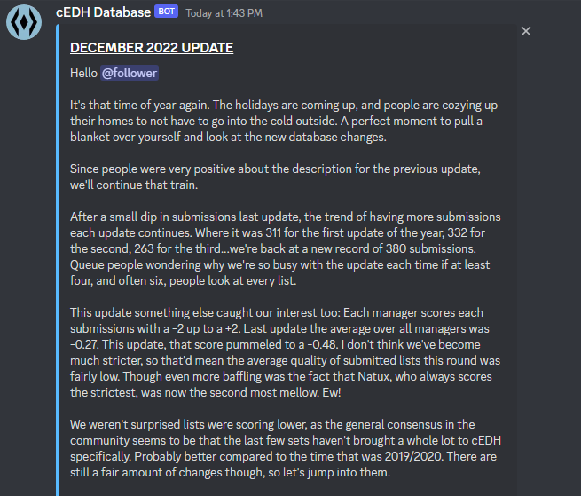 cEDH_DDB's tweet photo. ❄ DECEMBER 2022 DDB UPDATE ❄
https://t.co/Wph7OScuYn should reflect these changes shortly

[Note: We will not be responding to anything about the DDB on twitter. Please use the discord for discussion or feedback on submissions. Link to discord: https://t.co/9SWQM491yj] https://t.co/9vKEVIkp1y