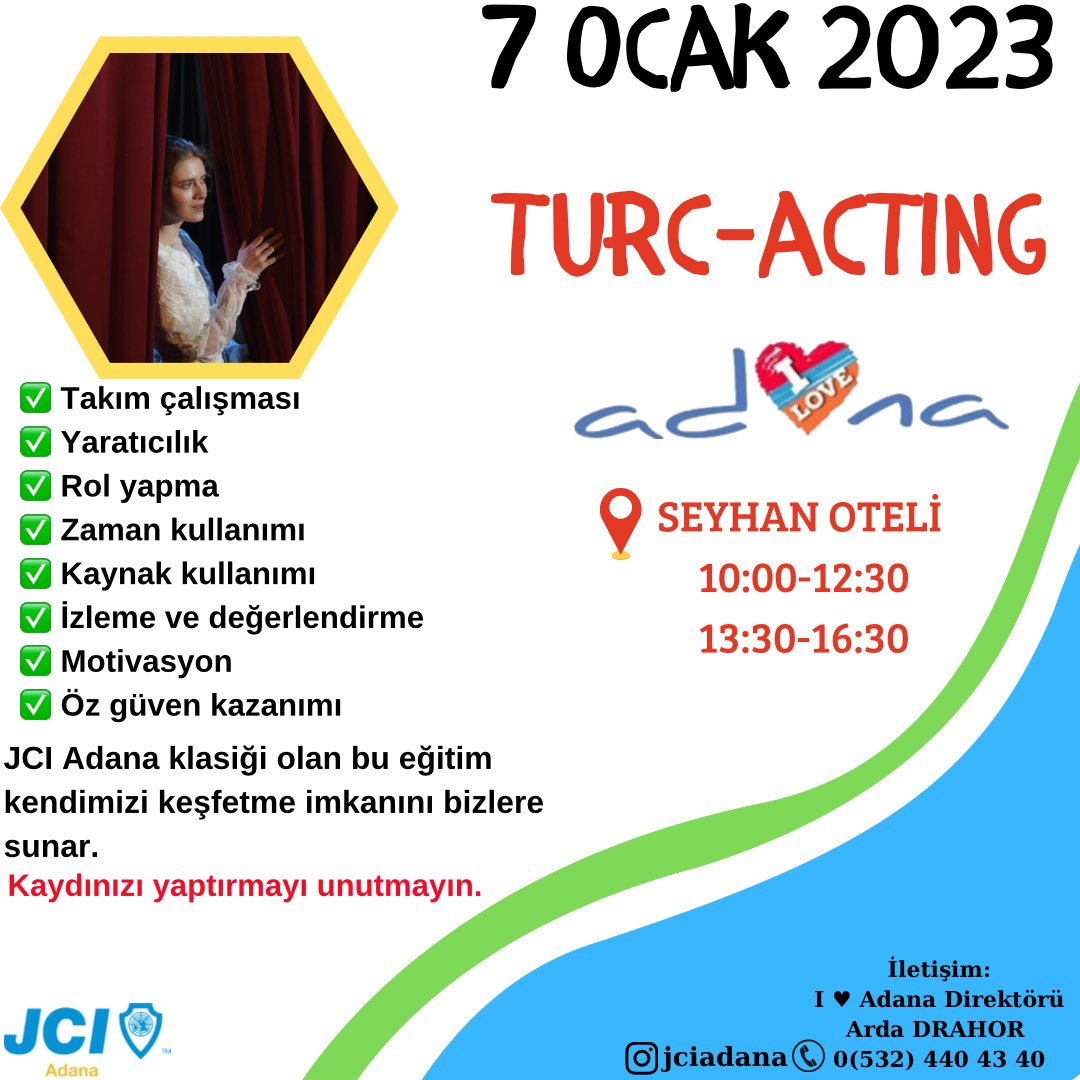 JCIADANA's tweet photo. Yılın ilk eğitimi Turc-Acting 6-7-8 Ocak’ta #I♥️Adana ‘ da. 
Kaydınızı yaptırmayı unutmayın.
Kayıt linki İnstagram Bio’da 😊
.
.
#jciadana
@jciturkiye https://t.co/EMFEr0aPRN