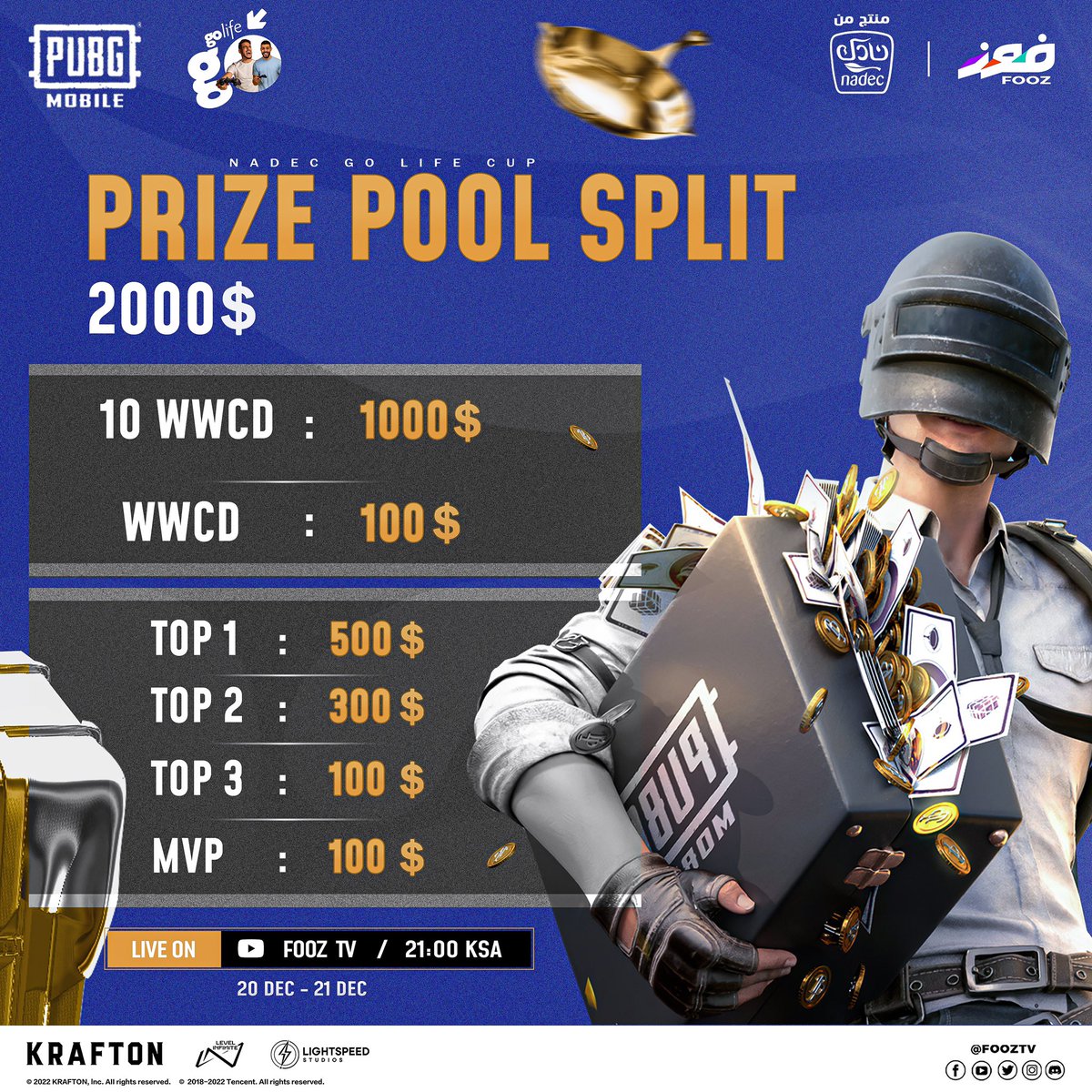 tv_fooz's tweet image. NADEC GO LIFE CUP 🏆  

ثلاثة أيام تفصلنا على المتعة والإثارة ، حدث يضم نخبة الفرق المحترفة على مجموع جوائز يقدر ب 2000$💵 

يومان من المنافسة 20,21 بخمس مباريات كل يوم كل تشكن دينر 100$ بمجموع 1000$. 
🥇500$
🥈300$ 
🥉 100$ 
MVP 100$ 

#fooztv #esports #nadec