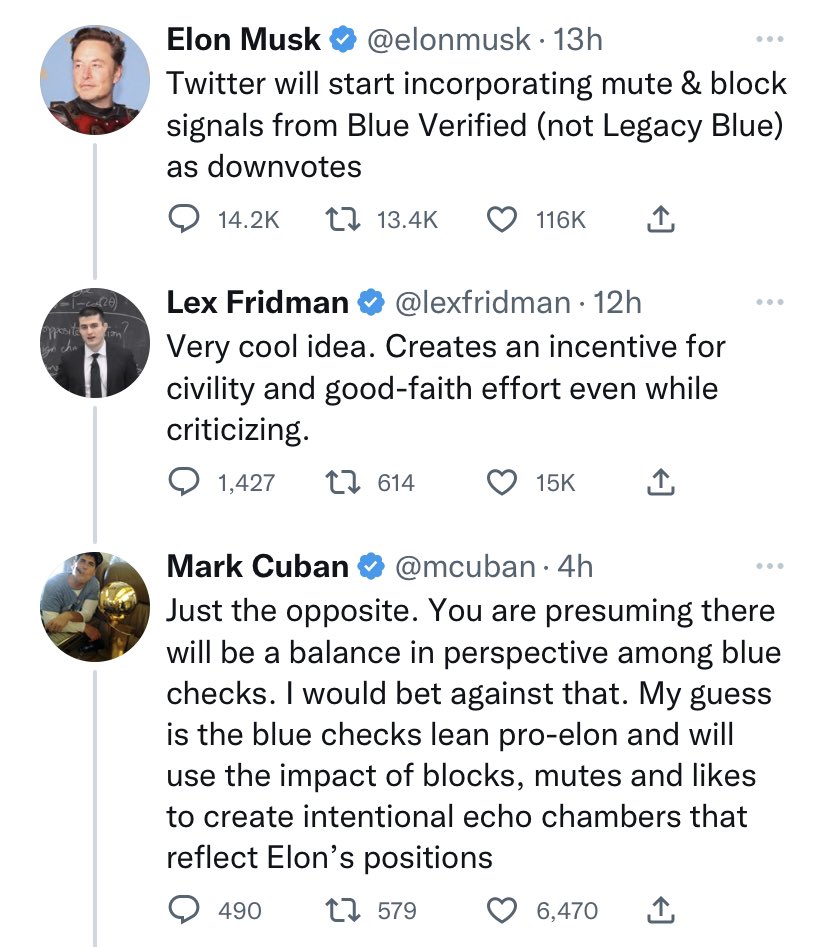 davenewworld_2's tweet photo. Mark Cuban deconstructs Elon Musk's plan to give blue checks the power to downvote https://t.co/1elZpEvgO3