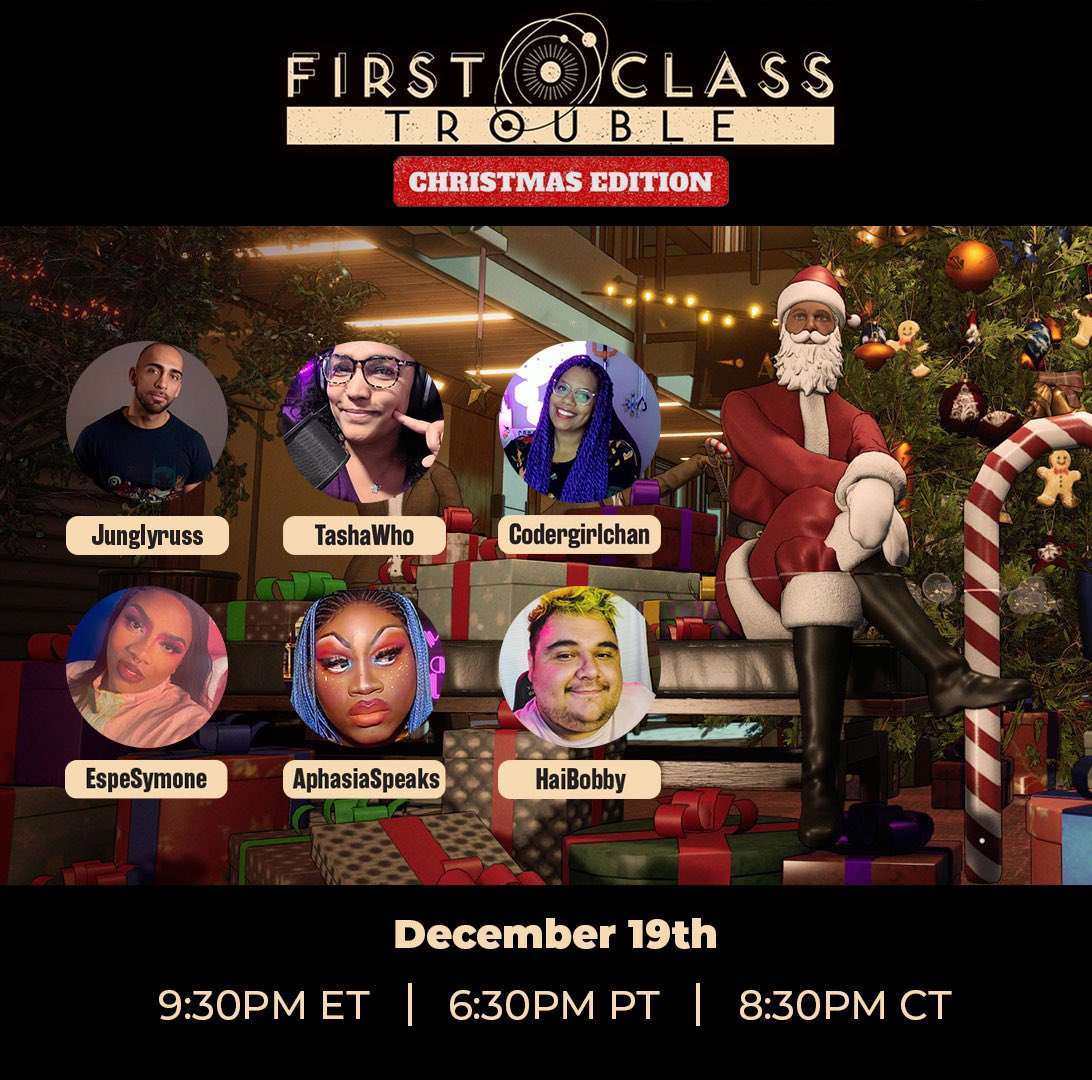 Excited to play @1stClassTrouble this coming Monday with these amazing people! @TashaWhoTTV @codergirlchan @haibobby_ @AphasiaSpeaks @espesymone