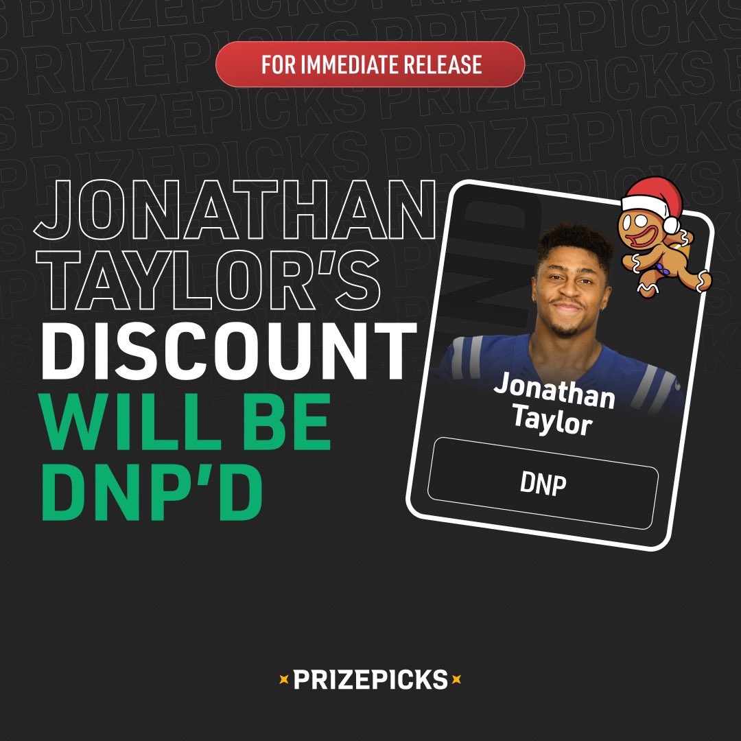 PrizePicks's tweet image. Taco Tuesday 🤝 Picksmas

Jonathan Taylor’s discounted projection will be DNP’D as an extension of our spoiled taco policy.