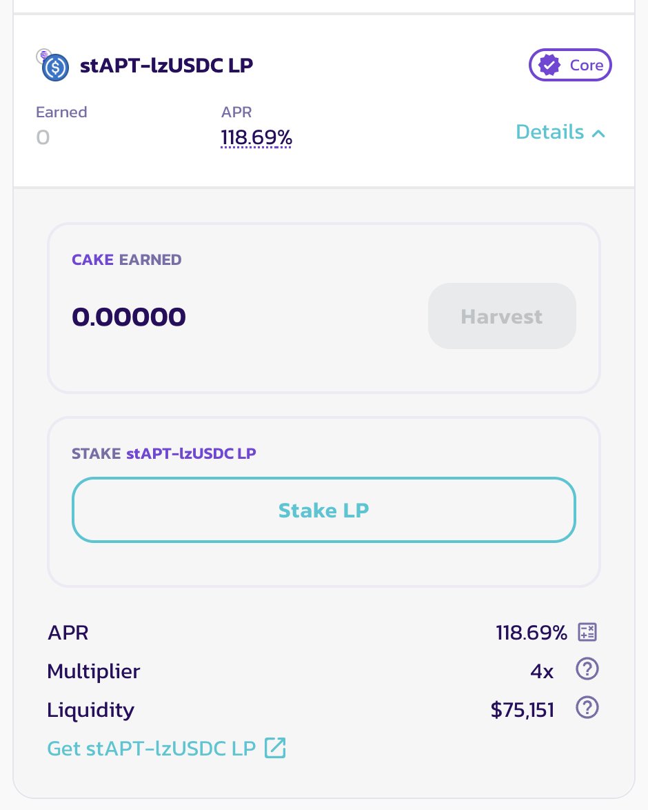 There's a new way to earn yield with $stAPT! 🤑 

Introducing the stAPT-USDC farm on <a href="/PancakeSwap/">PancakeSwap</a>

Stake your LP to earn tasty $CAKE 🥞

Visit the Farm now at aptos.pancakeswap.finance/farms