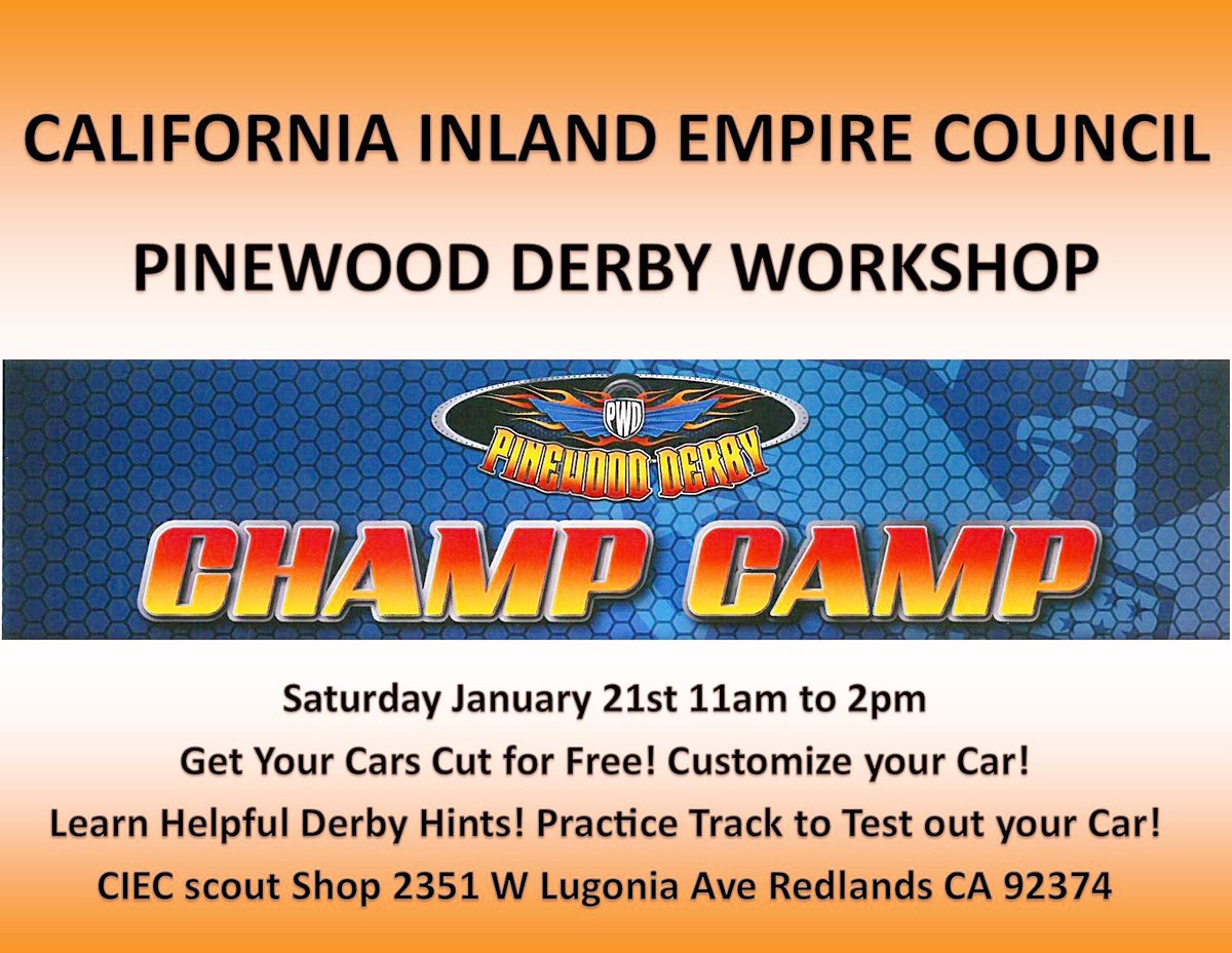 Pack1887's tweet photo. It’s Pinewood Derby time and our council is offering a Champ Camp…buy your car kit, weights, get your car cut into any shape, build your car, and test drive it! We hope all our @pack1887 Cubs attend! #Pack1887 #pinewoodderby #ciec #cubscouts https://t.co/EC6mZFEK3b