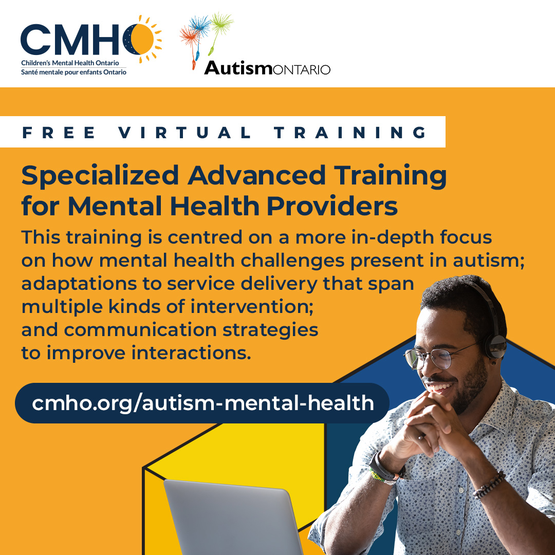 kidsmentalhlth's tweet photo. 🗓️ Mark your calendars. Registration for the Specialized Advanced Training for Mental Health &amp; Autism Providers is now open. This training is free and hosted virtually. 

Learn more here: https://t.co/ffze9KoNpK https://t.co/9kXSiUGys3