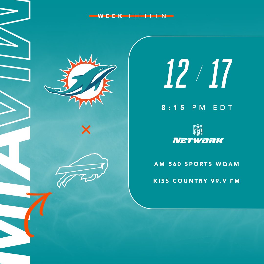 MiamiDolphins's tweet image. 🏈: #MIAvsBUF
⏰: 8:15 PM ET
🏟: @highmarkstadium 
📺: @nflnetwork 
📻: @560WQAM &amp;amp; @kisscountry999
📲: Official Miami Dolphins
💻: Dolphins.com