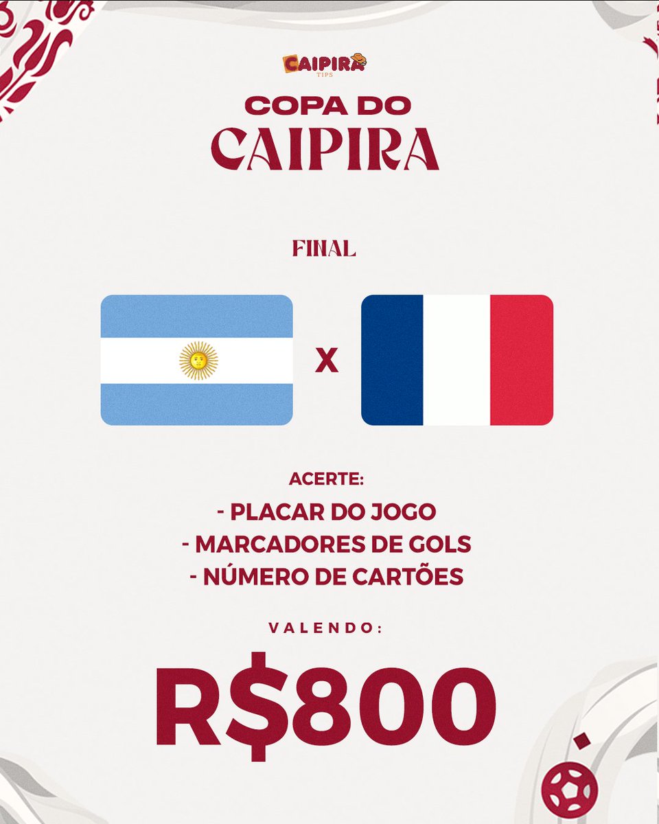 🤑BOLÃO DO CAIPIRA🤑

💰 Acerte o placar dos 4 jogos e receba pix de R$800,00

🗒Regras:

- Seguir nosso Twitter, ❤️ e RT;
- 1 palpite por pessoa;
- Placar do jogo;
- Marcadores dos gols;
- Número de cartões;
- Palpites até o início do jogo;
- Contará com a prorrogação;