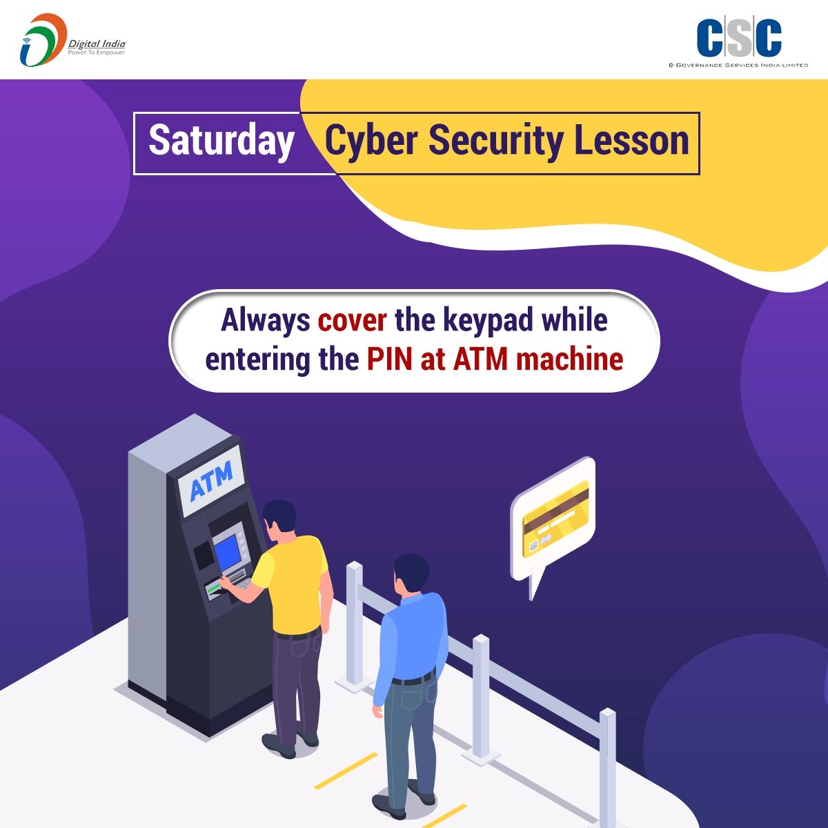 BEINGNAFIS15's tweet photo. Saturday Cyber Security Lesson!!
Please always make sure to cover the keypad while entering the PIN at the ATM machine.
#CSC #DigitalIndia #RuralEmpowerment #SaturdayCyberSecurityLesson #CyberSecurity https://t.co/hk9AGkhKcq