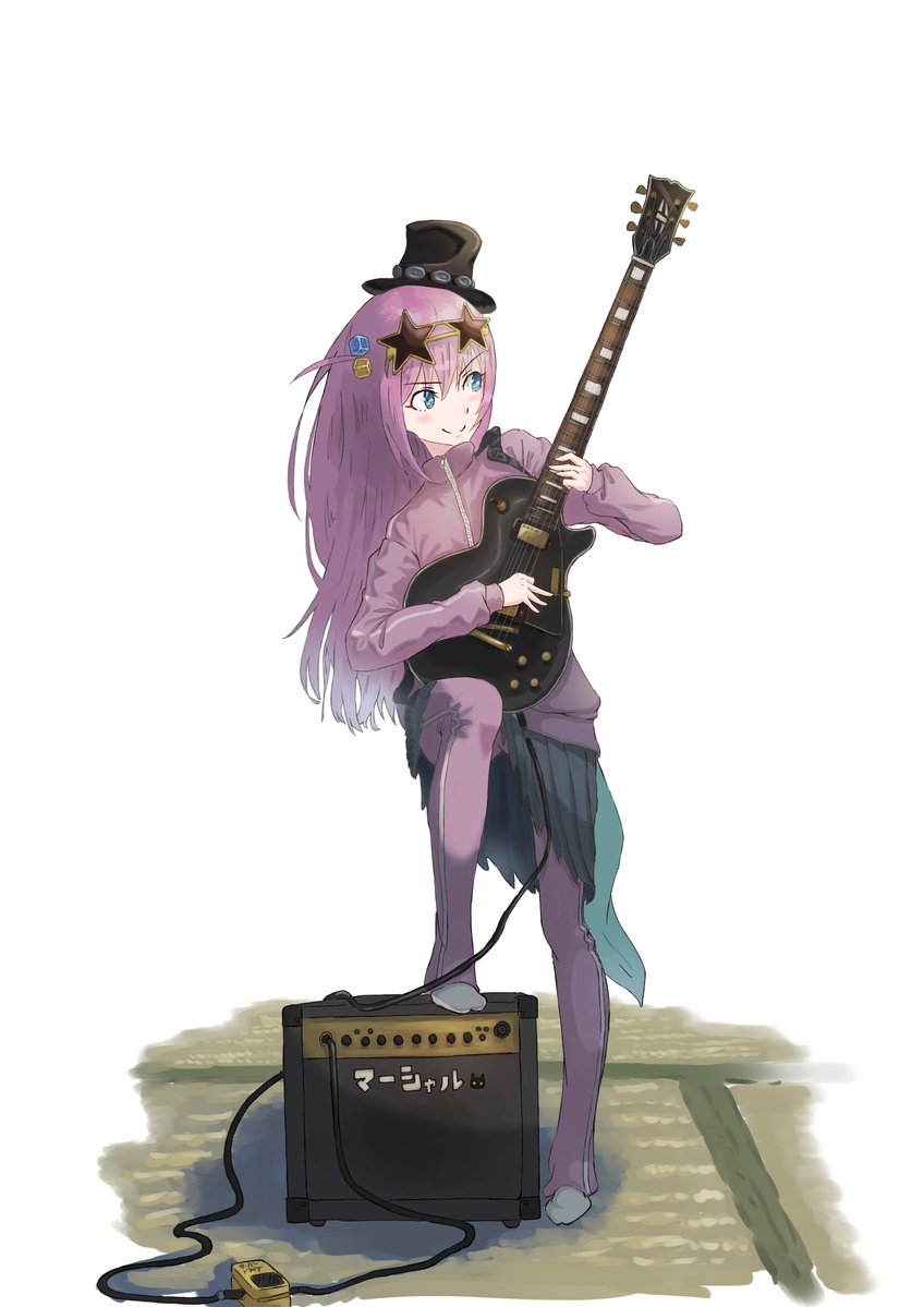 gotou hitori cube hair ornament pink hair instrument guitar long hair track jacket hair ornament  illustration images