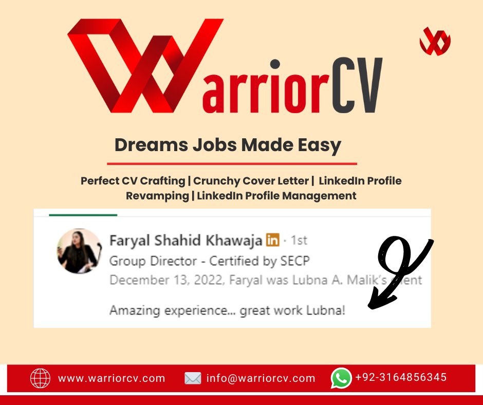 warrior_cv's tweet photo. Thanks to the Group #Director who has recommended us on #LinkedIn!
Thanks for the kind words. We're honored to have you as a #client and happy to have exceeded your expectations.
#Lubnaa #WarriorCV #CVforExecutives #resumeforClevelprofessionals #dreamjobs #cvforjobs https://t.co/Z5FkM7yNNt