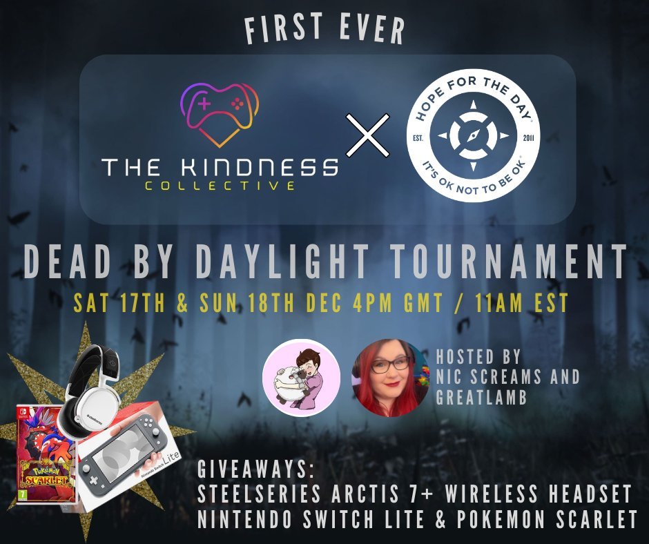 Today is the day! In just less than an hour the first TKC charity tournament, hosted by <a href="/NicScreams/">NicScreams</a> and <a href="/GreatlambTTV/">Greatlamb</a>, begins! Stop by for a friendly <a href="/DeadByBHVR/">Dead by Daylight</a> tournament to raise money for <a href="/HopeForTheDay/">Hope For The Day</a>  with some FANTASTIC giveaways! Can't wait to see you all in the fog!